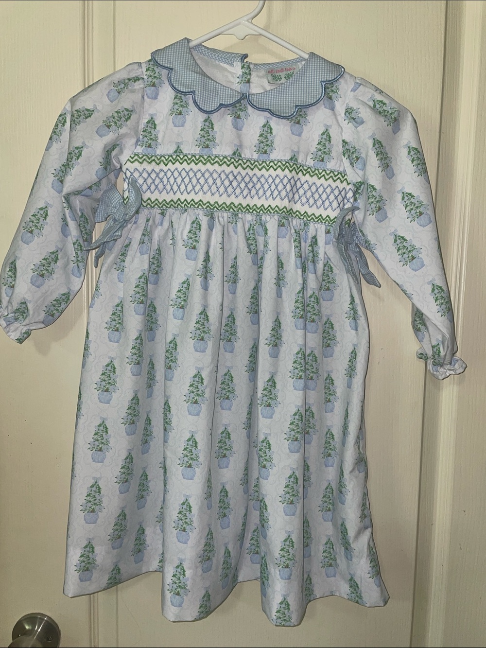 Smocked Long Sleeve Girls Dress -by Tutte Fruity Kids Blue & Green Tree Print